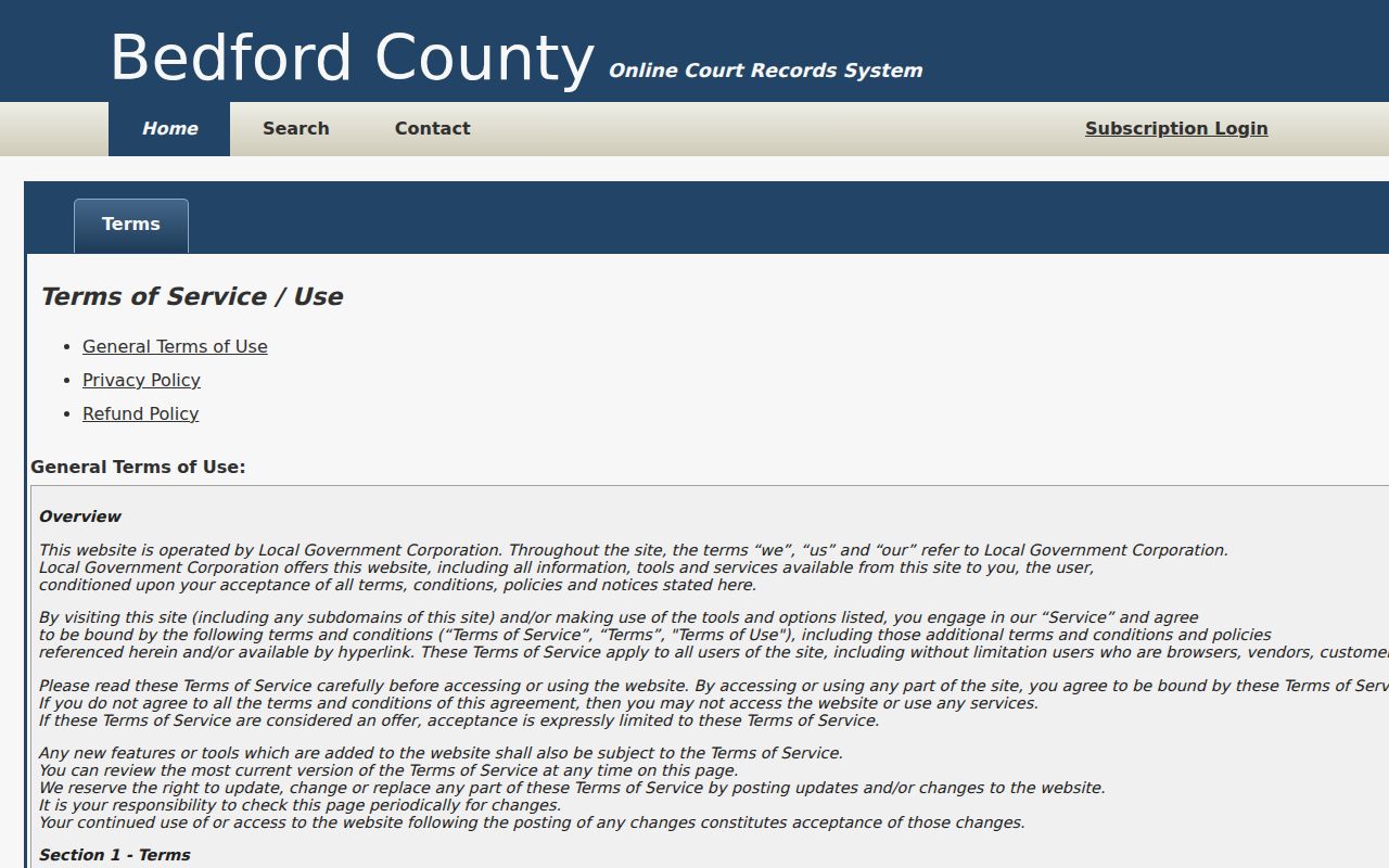 Bedford County criminal docket portal terms page