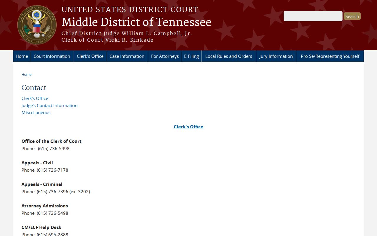 Shelbyville court docket Middle District federal clerk contact route