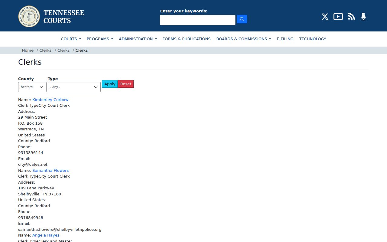 Bedford County court docket clerk directory